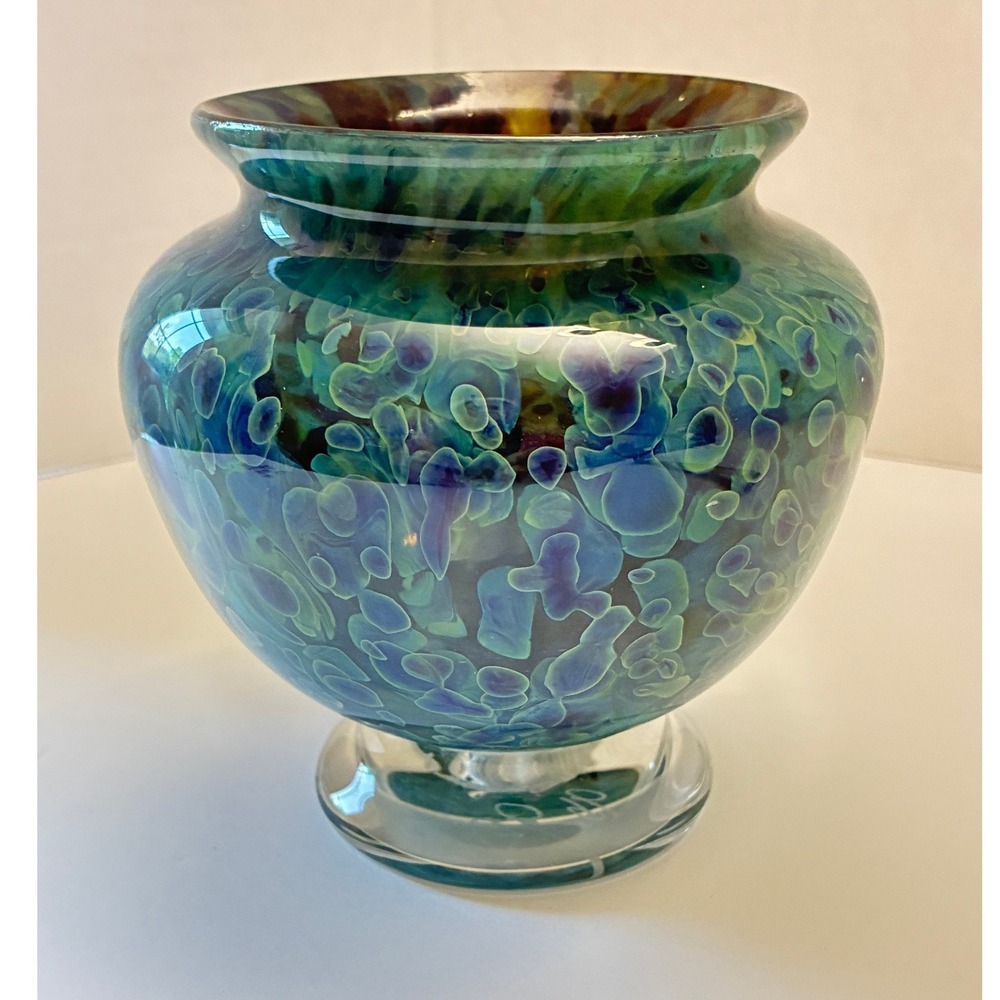 Signed Studio Art Glass Vase Iridescent Teal Blue Amber Hand Blown Pedestal 5in